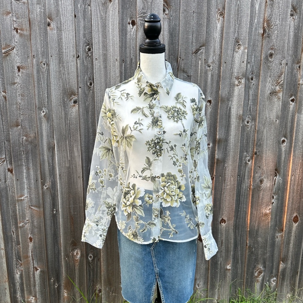 Zara - Cream and Green Floral Semi Sheer Devore Blouse EUC